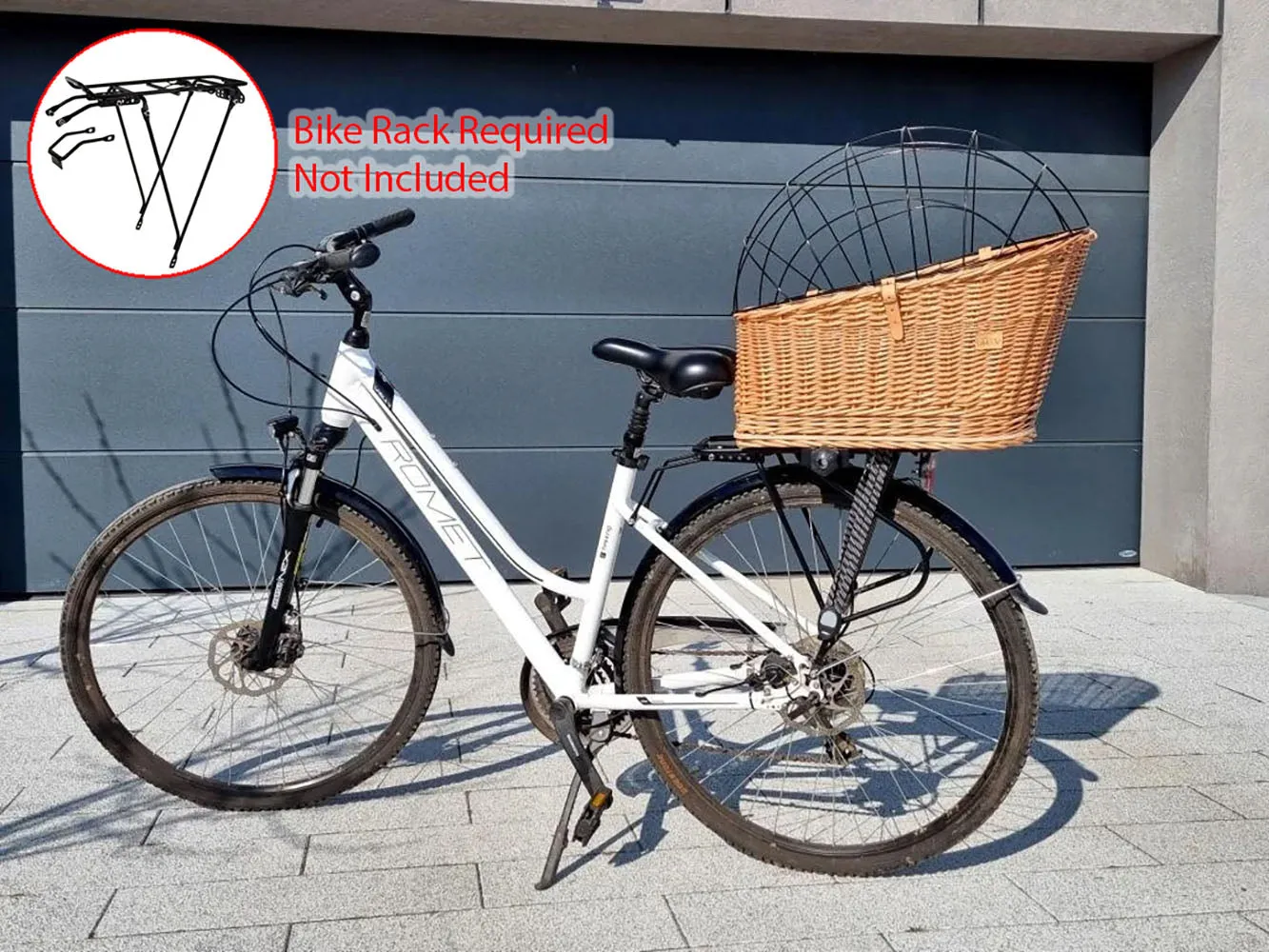 Wicker Dog or Cat Carrier with Protective Grille - for Bicycle Luggage Rack & Metal Holder - Natural Rattan Color with Soft Cotton Cushion