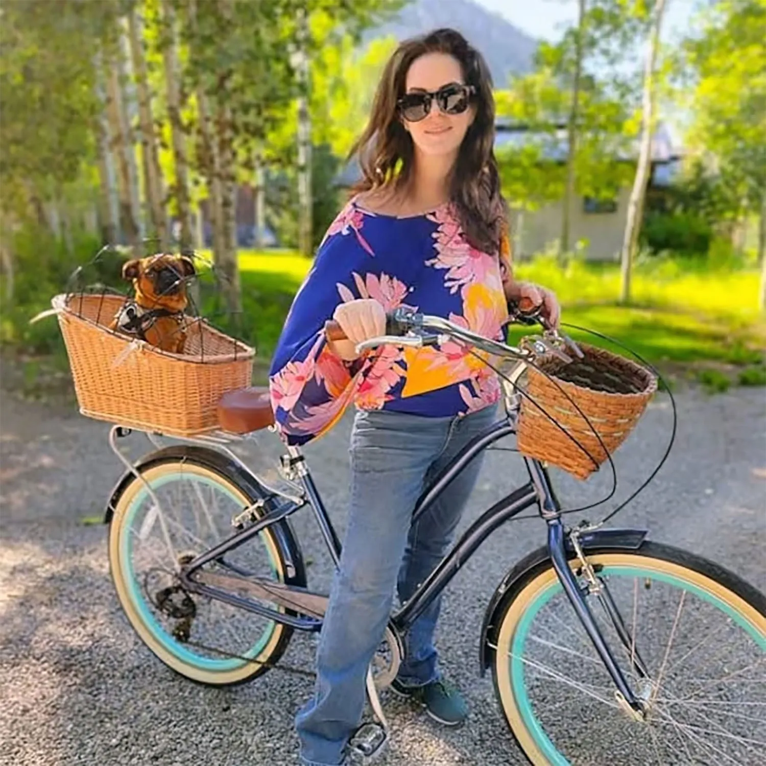 Wicker Dog or Cat Carrier with Protective Grille - for Bicycle Luggage Rack & Metal Holder - Natural Rattan Color with Soft Cotton Cushion