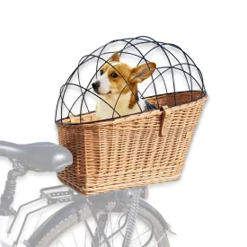 Wicker Dog or Cat Carrier with Protective Grille - for Bicycle Luggage Rack & Metal Holder - Natural Rattan Color with Soft Cotton Cushion