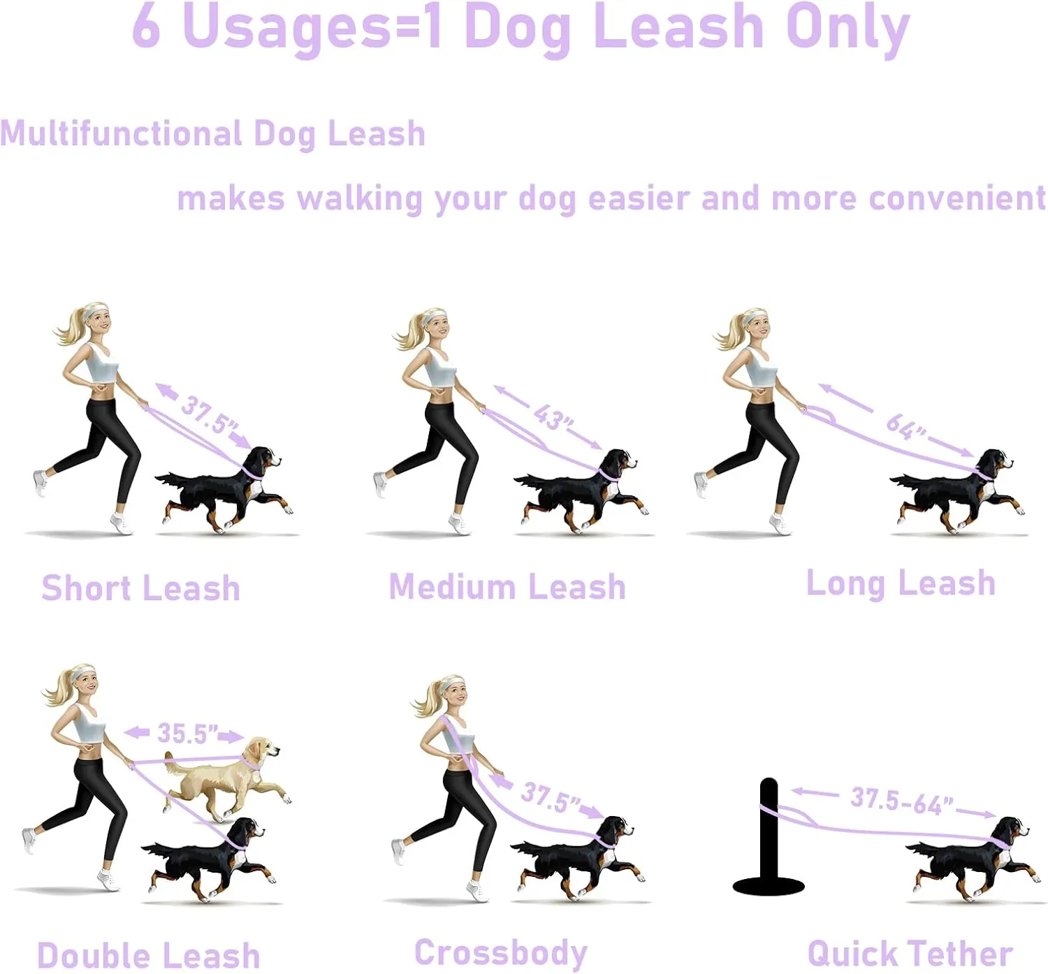 ZALER Dog Collar and Leash Set, Waterproof Adjustable Odor Proof Pet Collars Leashes Easy to Clean, 6FT Dog Leash with 2 Hooks for Large, Medium Small Dogs (M, Purple)