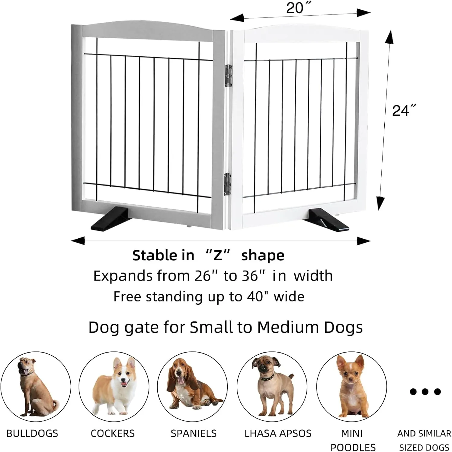 ZJSF Freestanding Dog Fence Indoor, Foldable Dog Gate for Doorways, Stairs or Hallways, Sturdy Wood Extra Wide Pet Gate with Support Feet for The House, White, 24 "Height-2 Panels