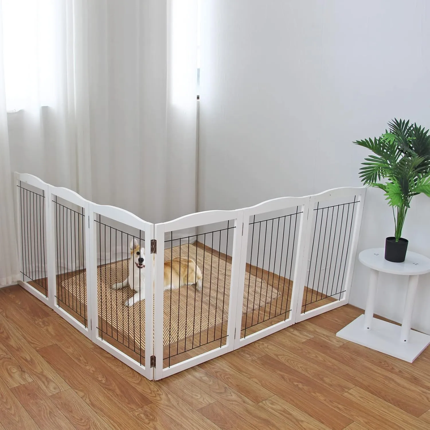 ZJSF Freestanding Foldable Dog Gate - Extra Wide White Puppy Gate for Stairs & Doorways - Tall 4 Panels Wooden Pet Fence