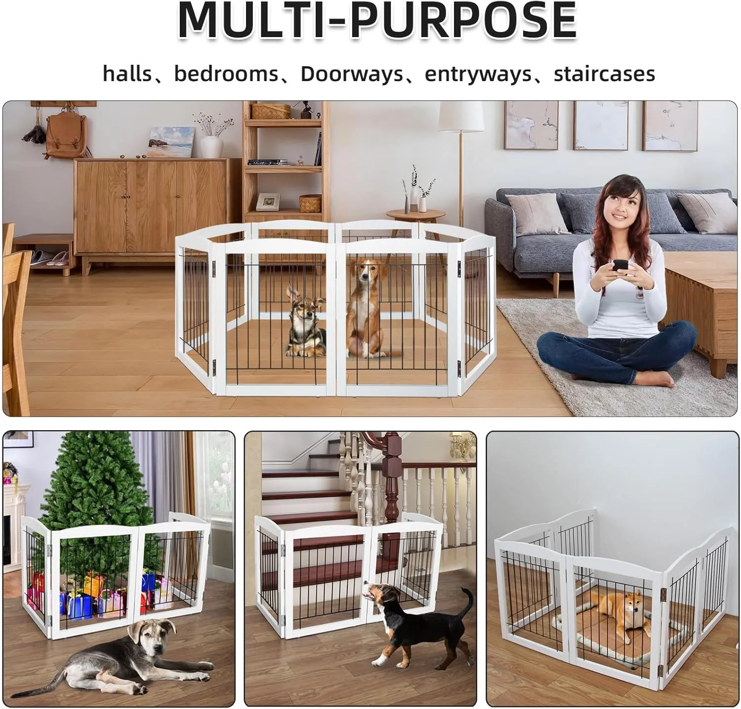 ZJSF Freestanding Foldable Dog Gate - Extra Wide White Puppy Gate for Stairs & Doorways - Tall 4 Panels Wooden Pet Fence