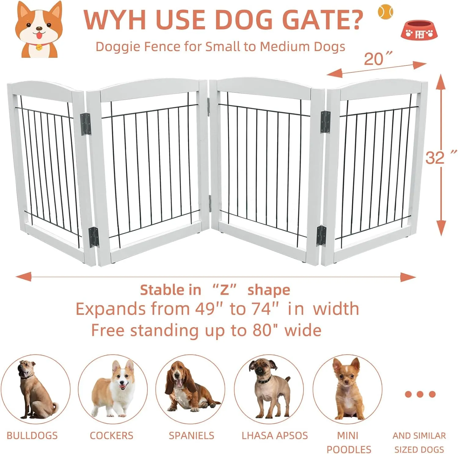 ZJSF Freestanding Foldable Dog Gate - Extra Wide White Puppy Gate for Stairs & Doorways - Tall 4 Panels Wooden Pet Fence