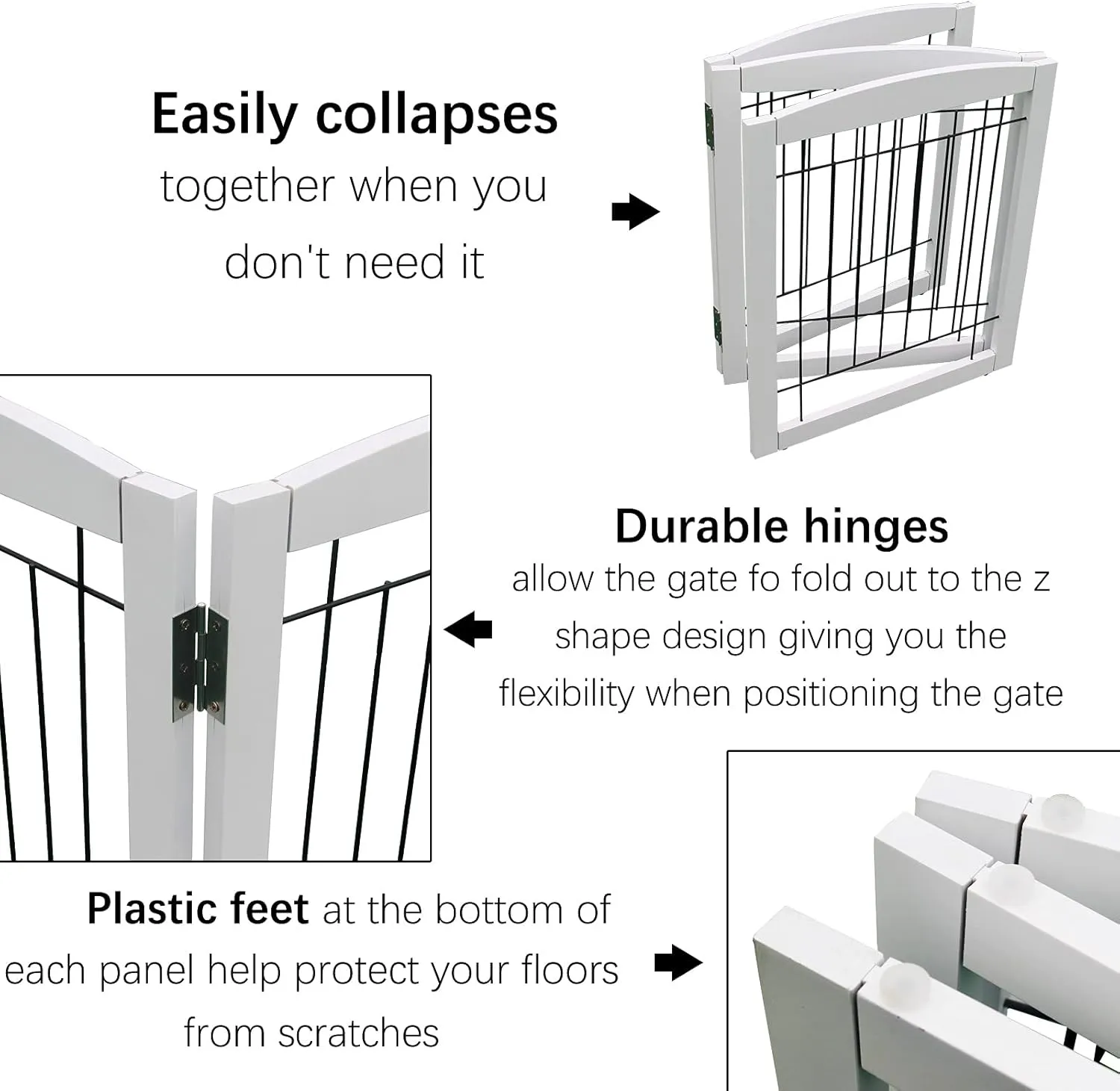 ZJSF Freestanding Foldable Dog Gate - Extra Wide White Puppy Gate for Stairs & Doorways - Tall 4 Panels Wooden Pet Fence